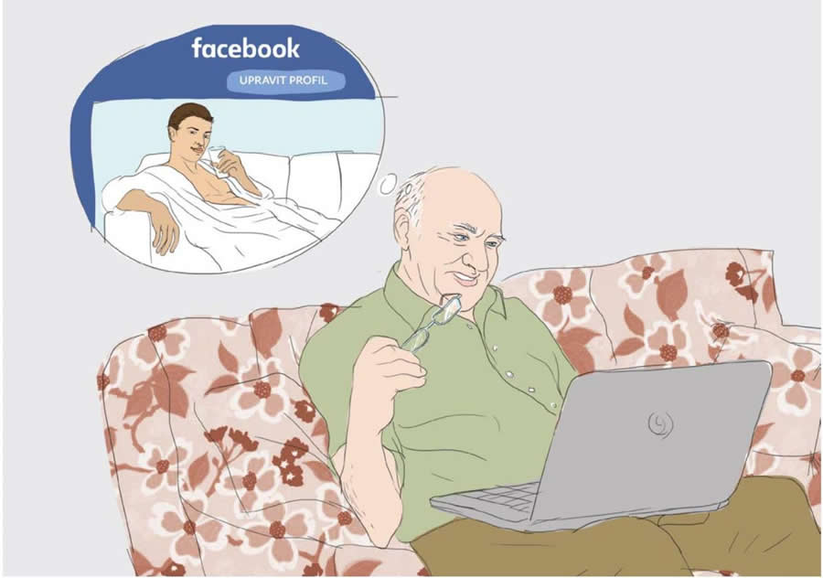 Kreslený obrázok staršieho muža s notebookom na kolenách, ktorý má na Facebooku profil ako mladý muž