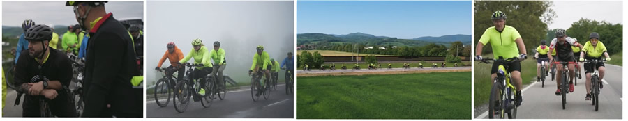 Koláž tvoria štyri fotografie, zľava: 1. Cyklisti oddychujú počas prestávky. 2. Účastníci počas etapy na mokrej ceste v hmle. 3. Bočný záber na pelotón z väčšej vzdialenosti. 4. Cyklisti so zelenými dresmi v skupinke.